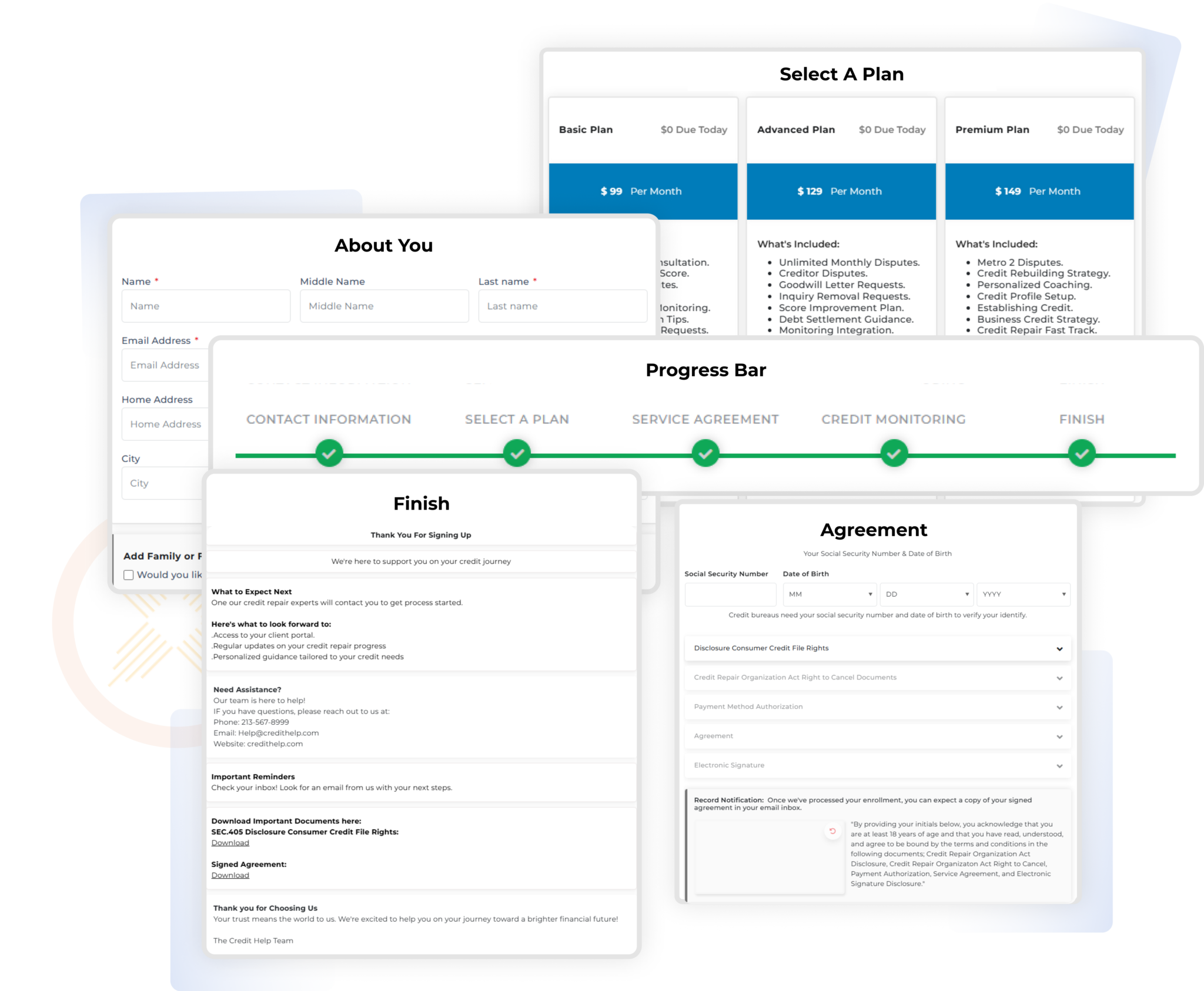 Client sign-up workflow in Client Dispute Manager Software, showing automated onboarding steps including contact form, plan selection, service agreement, and credit monitoring—an essential feature in credit repair software for professionals to streamline lead capture, secure agreements, and grow a credit repair business from home.