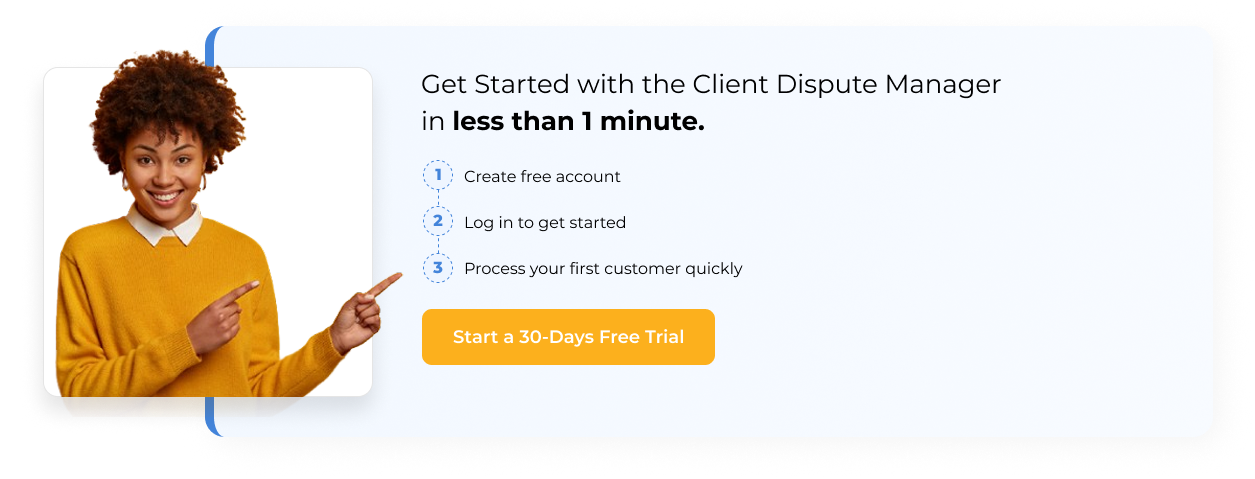 Woman in yellow sweater pointing at a call-to-action for Client Dispute Manager Software, showing simple onboarding steps—create a free account, log in, and process your first customer in under one minute—ideal for launching your credit repair business from home with professional credit repair software for entrepreneurs.