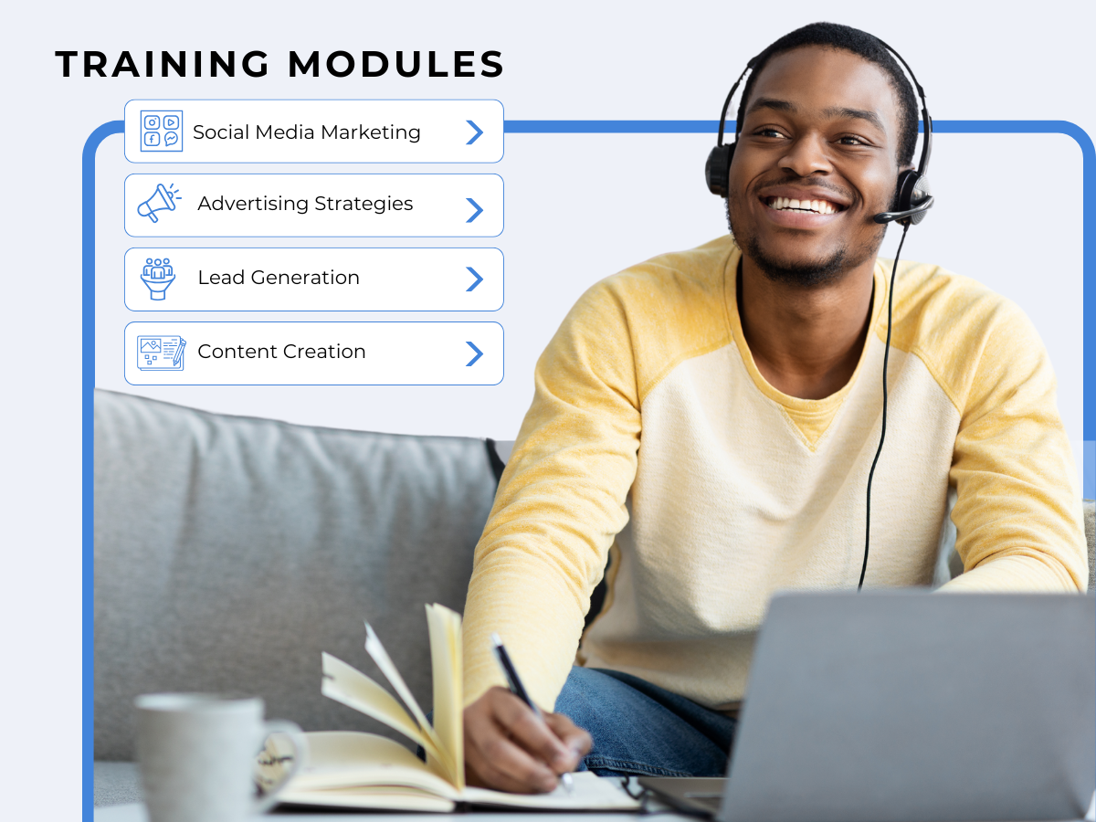 Smiling man engaging with Client Dispute Manager’s credit repair business training modules, including video marketing, social media, lead generation, and content creation—designed for entrepreneurs using credit repair software for professionals to attract more clients and grow a credit repair business from home.