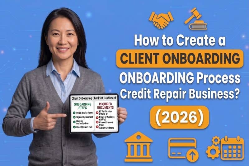 credit repair client onboarding process showing onboarding steps, required documents checklist, and dashboard for how to onboard credit repair clients with CROA compliant intake and e-signature contract setup