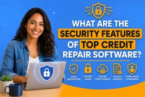Woman reviewing credit repair data security features, including encryption, secure login, storage, and access controls.